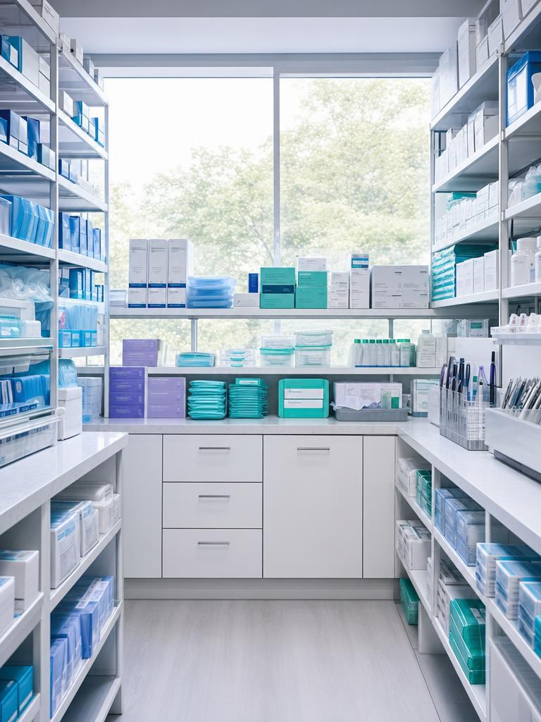 Clinical consumables arranged in a bright supply room